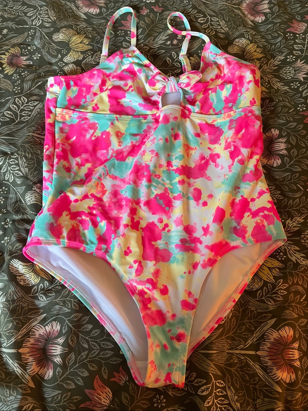 Lands' End Girls' One-Piece Swimsuit in Neon Pink, Aqua & Yellow Tie-Dye